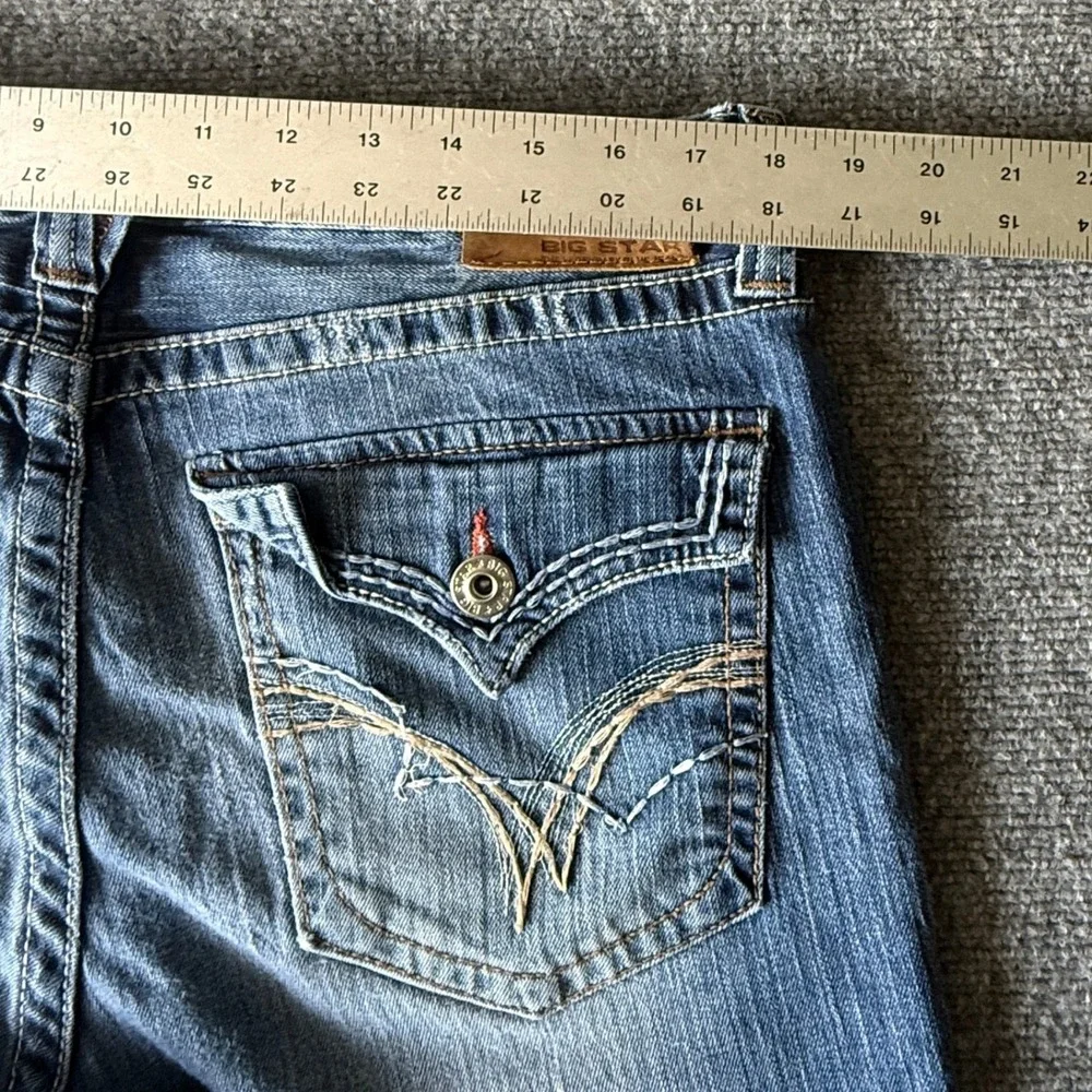 Big Star‎ Pioneer Bootcut Jeans Mens 36L Blue Distressed Frayed Hem Medium Wash